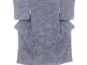 縮緬地寺塔に田舎風景模様小紋着物